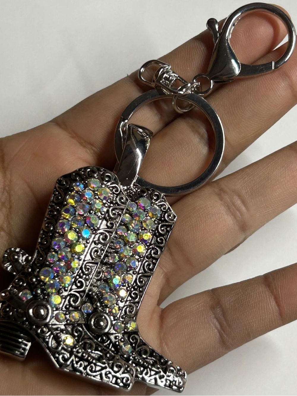 Silver Rhinestone Cowboy Boot Keychain - Women Accessories